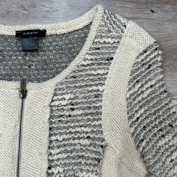 Drew Bouclé Knit Moto Cardigan Cream Gray Textured Zipper Jacket Small - Picture 3 of 5